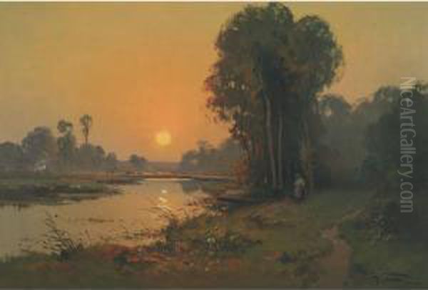 Romantic Spot By The River, Evening Oil Painting by William Henry Vernon