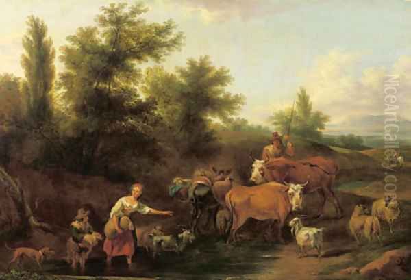 Travellers and shepherds in a wooded Italianate valley Oil Painting by Nicolaes Berchem