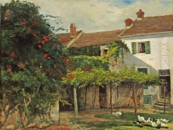 Cour De Ferme A Barbizon Oil Painting by Alexandre Rene Veron