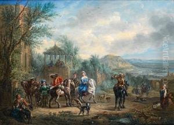 An Elegant Company Departing For The Hunt Oil Painting by Alexandre Paul Jos. Veron Bellecourt