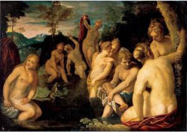 Diana And Her Nymphs Bathing Oil Painting by Maffeo Verona