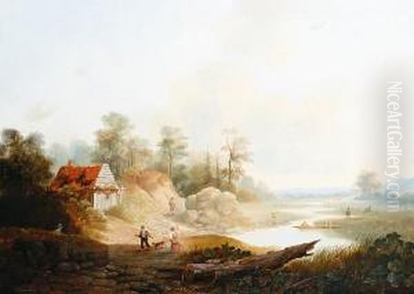 Figures In An Open River Landscape Oil Painting by Hendrik Verpoeken