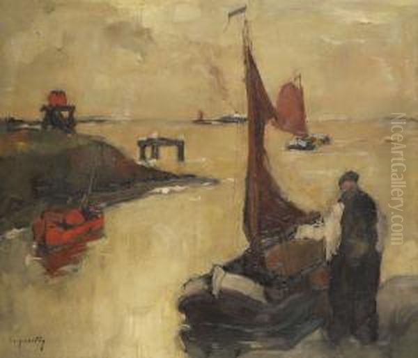 Scheldegezicht Met Staketsel, Figuur En Vissersboten Oil Painting by Oscar Verpoorten