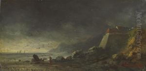 A Coastal Landscape Under A Dark Sky, Near Audresselles Oil Painting by Louis Leon Nicolas Verreaux