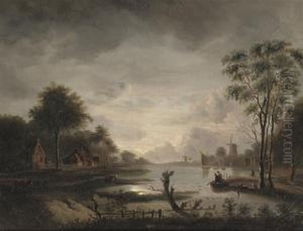 Fishing At Nightfall Oil Painting by Jacob Johann Verreyt