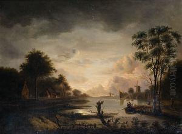 Effet De Lune Au Bord De L'eau Oil Painting by Jacob Johann Verreyt