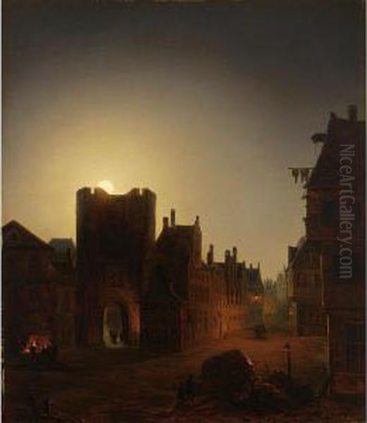 Moonlit Streetscene With Figures Oil Painting by Jacob Johann Verreyt