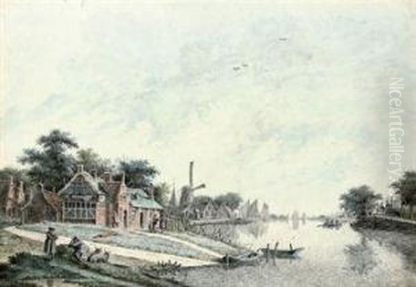 A Riverside Village With A Windmill Oil Painting by Theodor (Dirk) Verrijk