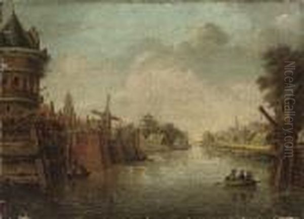 A Dutch Canal Side Town With Figures In A Boat Oil Painting by Theodor (Dirk) Verrijk