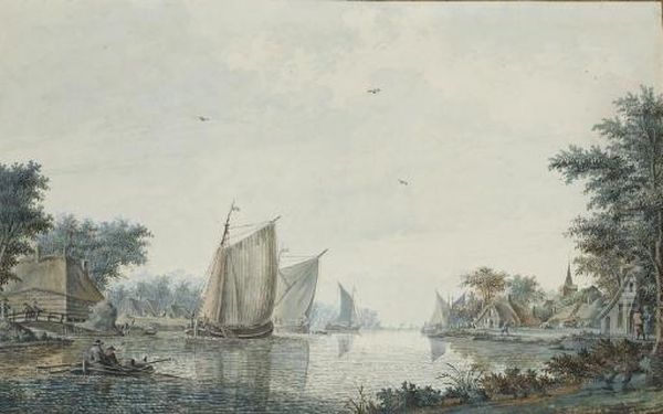 Des Voiliers Et Une Barque Au Bord D'un Rivage: Vue Presumee De Alphen Aan Den Rijn Oil Painting by Theodor (Dirk) Verrijk