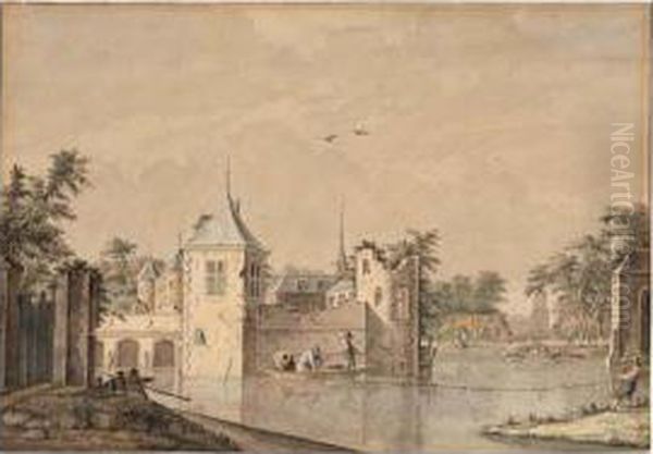 A Castle With A Partly Ruined Tower, Surrounded By A Moat With Fishermen Hauling In Their Nets, A Church And Town Beyond Oil Painting by Theodor (Dirk) Verrijk