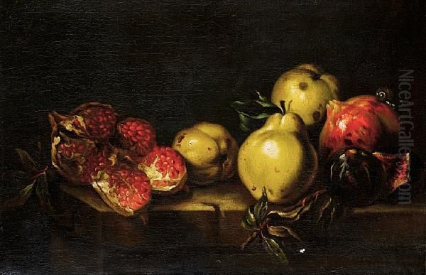 Quinces, Pomegranates And A Fig With A Snailon A Table Top Oil Painting by Agostino Verrocchi