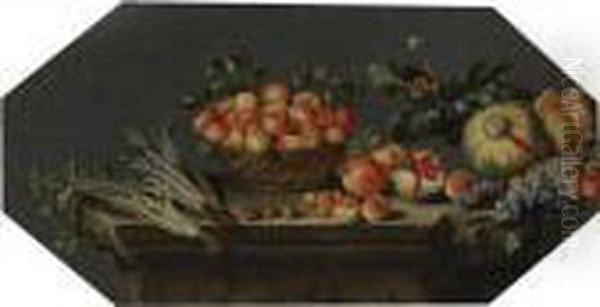 Still Life Of Apples In A Basket With Melons, Grapes, Pomegranates, And Figs With Other Fruit And Vegetables On A Stone Ledge Oil Painting by Agostino Verrocchi