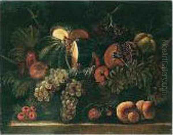 Still Life Of A Melon, A Pomegranate, Grapes, Figs, Pears And Peaches, Arranged In A Wicker Basket, Set Upon A Stone Ledge Oil Painting by Agostino Verrocchi