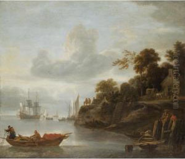 A River Estuary With Men Casting Their Nets And A Cottage And Horses Beyond Oil Painting by Lieve Verschuier