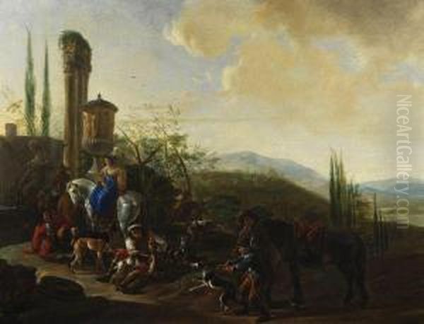 Jagdgesellschaft Nach Der Hasenjagd In Bergiger Landschaft Oil Painting by Hendrick Verschuring