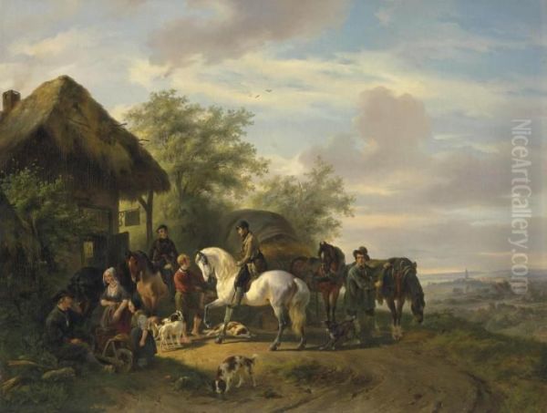 A Halt: Huntsmen On Horseback With Their Servants At An Inn Oil Painting by Wouterus Verschuur