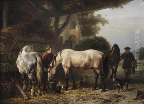 A Groom Tending To The Horses Oil Painting by Wouterus Verschuur