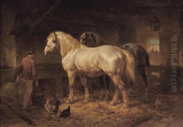 Tending To The Horses Oil Painting by Wouterus Verschuur