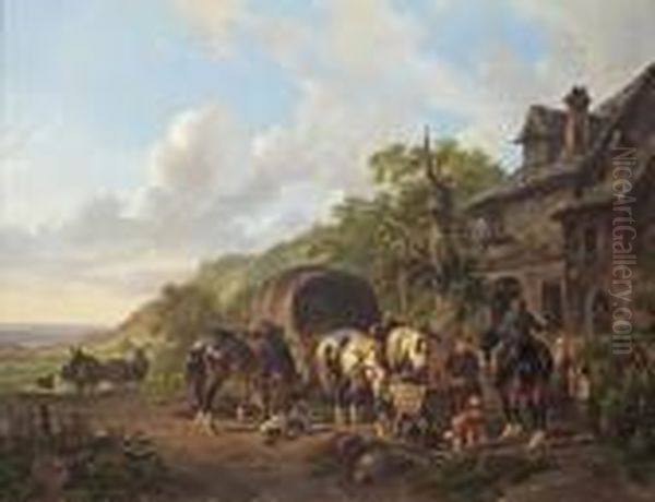 Travelers At The Tavern In A Sunlit Landscape Oil Painting by Wouterus Verschuur