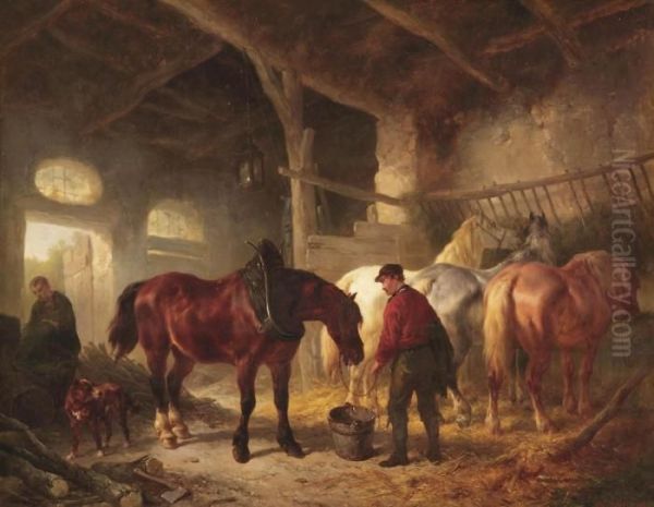 A Grey Horse And A Springer Spaniel In A Stable Interior Oil Painting by Wouterus Verschuur