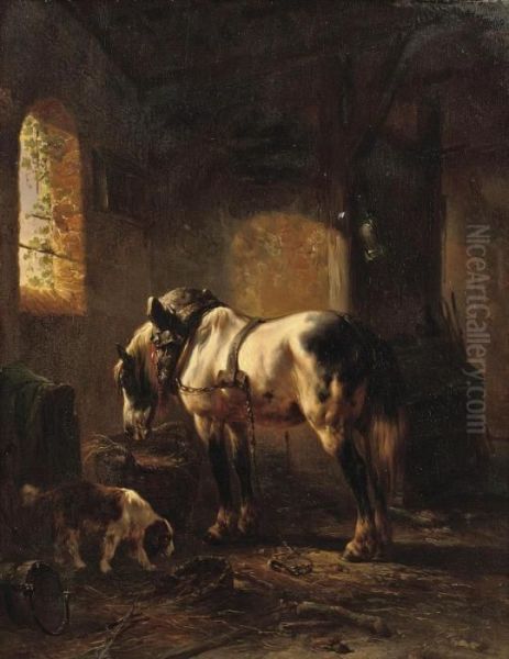 A Horse And A Dog In A Stable Oil Painting by Wouterus Verschuur