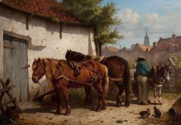 Two Horses And A Donkey Being Put To Acart Oil Painting by Wouterus Verschuur