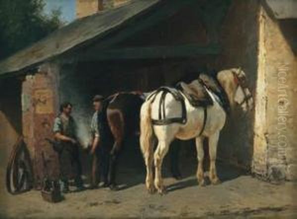 Marechal Ferrand Et Deux Chevaux Oil Painting by Wouterus Verschuur