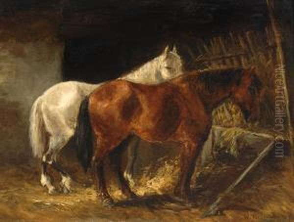 Two Horses In A Stable Oil Painting by Wouterus Verschuur