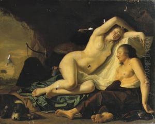 Diana And Her Nymphs Resting In A Grotto Oil Painting by Willem Verschwer