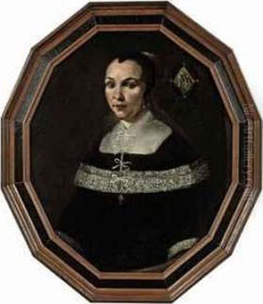 Portrait Of A Lady, Half-length, In A Black Dress With Lacedetails Oil Painting by Johannes Cornelisz. Verspronck