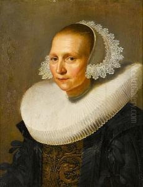 Portrait Of A Lady, Bust-length, In Black Costume With Gold Brocade Detail And A Lace Cap Oil Painting by Johannes Cornelisz. Verspronck