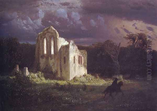 Ruins in a Moonlit Landscape Oil Painting by Arnold Bocklin