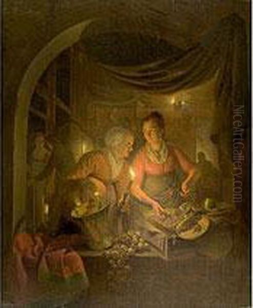 Interieur Mit Kuchenmagden Bei Kerzenschein Oil Painting by Michiel Versteegh