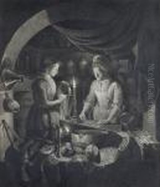 Two Women At Work In A Candlelit Interior Oil Painting by Michiel Versteegh