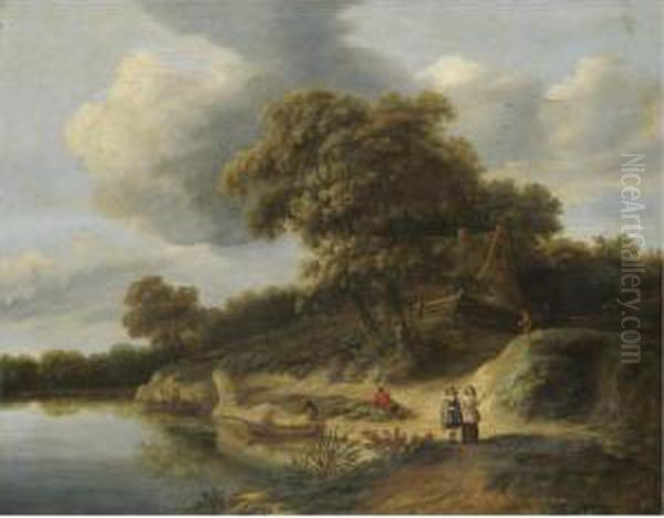 A River Landscape With Figures In Rowing Boats And An Elegant Couple On The River Bank Oil Painting by Hendrick Van Der Straaten