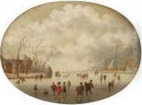 A Winterlandscape With Figures Skating And Sleighing On A Frozen River Near A Village Oil Painting by Verstraelen Anthonie