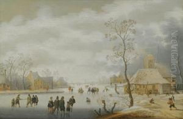 A Winter Landscape With Figures Skating On A Frozen River Beside A Village Oil Painting by Verstraelen Anthonie