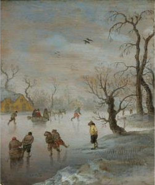 Skaters And A Horse-drawn Sledge On A Frozen Waterway Oil Painting by Verstraelen Anthonie