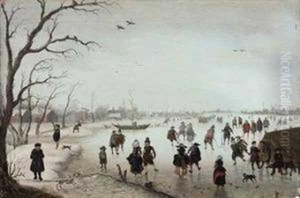 A Winter Landscape With Figures Skating And Making Merry On Afrozen River Oil Painting by Verstraelen Anthonie