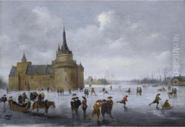 Skaters On A Frozen Lake Near A Castle Oil Painting by Verstraelen Anthonie