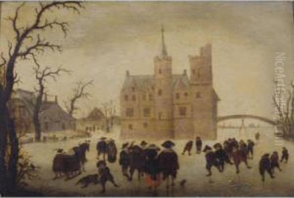 A Winter Landscape With Figures Skating Before A Manor Oil Painting by Verstraelen Anthonie