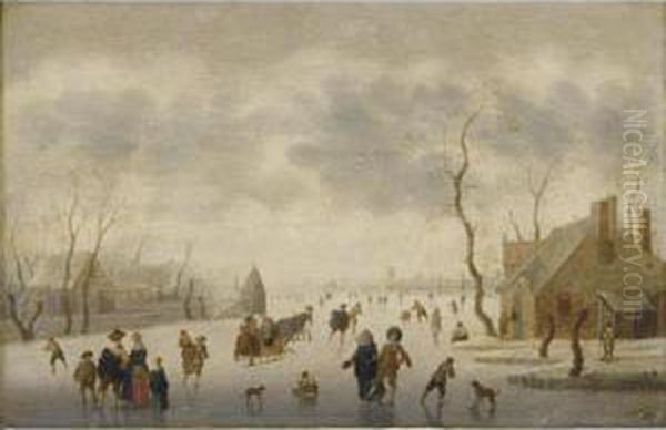 A Winter Landscape With Elegant Figures Skating And A Couple In A Horse-drawn Sleigh On The Ice Oil Painting by Verstraelen Anthonie