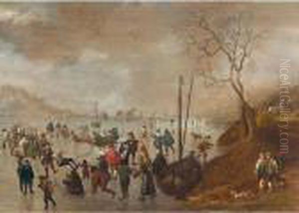 A Winter Landscape With Figures Skating On A Frozen River Oil Painting by Verstraelen Anthonie