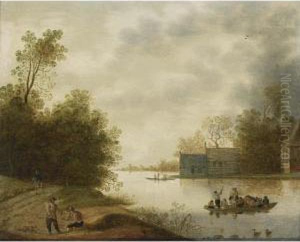 A River Landscape With A Ferry And Figures Resting In The Foreground, Farms Beyond Oil Painting by Verstraelen Anthonie