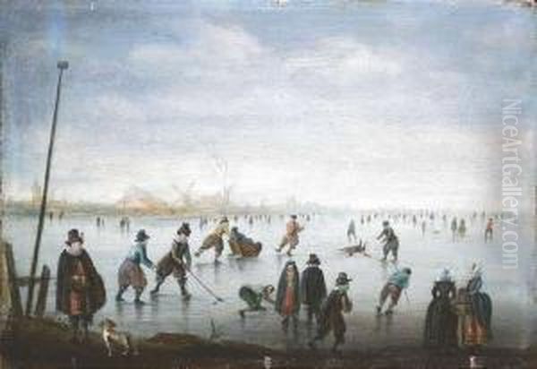 Verstralen, Anthonie. Ice-scaters On A Frozen River Oil Painting by Antoni Verstralen (van Stralen)