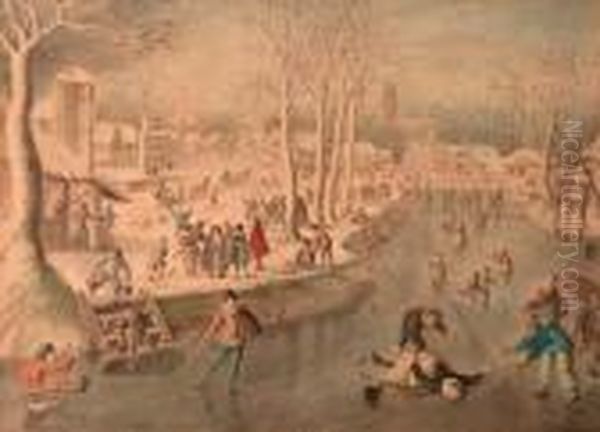 Scaters And Other Figures On Frozen Water, A Village In The Distance Oil Painting by Antoni Verstralen (van Stralen)