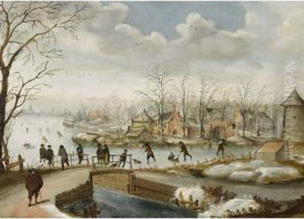 A Winter Landscape With Skaters On A Frozen River Near A Village And Figures On A Bridge Oil Painting by Antoni Verstralen (van Stralen)