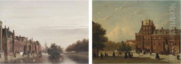 Elegant Figures Strolling Along The Buitenhof, The Hague Oil Painting by Pieter Gerard Vertin