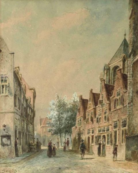 A Townscape With Figures In The Street Oil Painting by Pieter Gerard Vertin